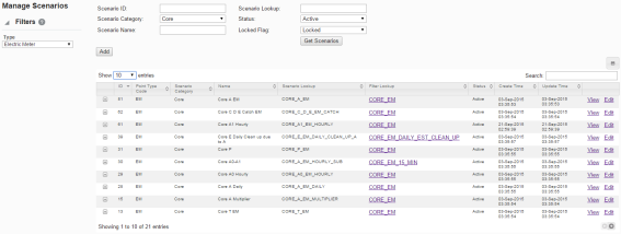 Manage Scenarios page displaying data for scenarios based on the selected point
 type