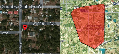 The two map panel views: A single, red pinpointed geographic location, and a shaded polygon for the region covered by the territory or area.