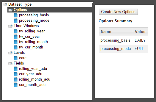 Dataset xml editor with the data tree with the options heading selected and displaying the create new options buttom and options summary