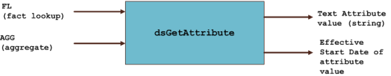 Diagram depicting the relationship between fact lookup and the aggregate data, the ds get attribute, and the text attribute value and effective start date of the attribute value