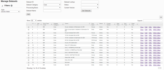 Manage Datasets page displaying data for datasets based on the selected point type