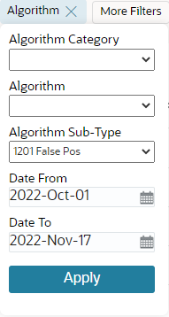 Filter by algorithm section displayingthe algorithm category, alogrithm field, alogrithm sub-type, data form, and date to fields