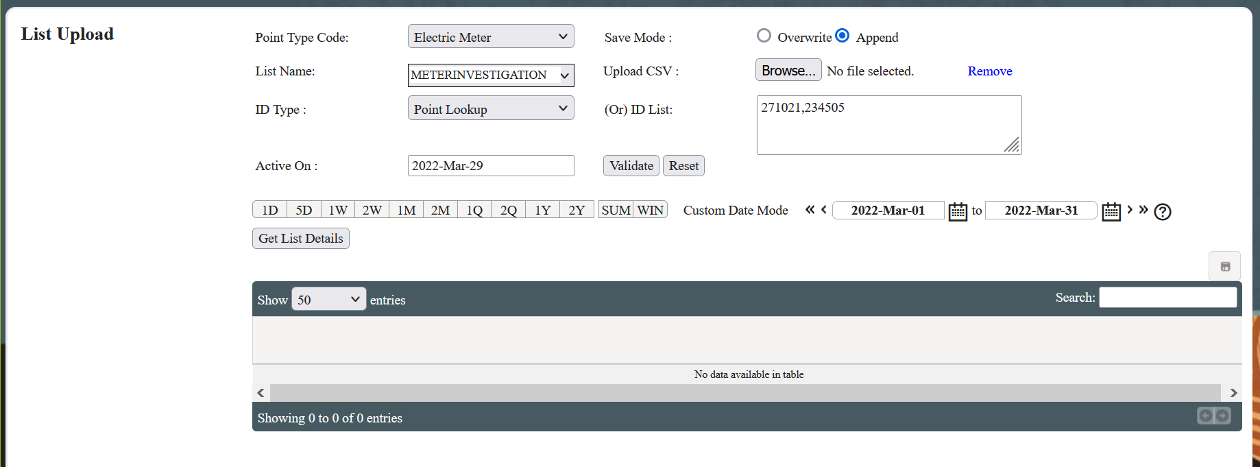 Image if the List Upload screen, its fields and buttons, and the data table.