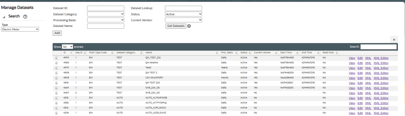 Manage Datasets page displaying data for datasets based on the selected point type