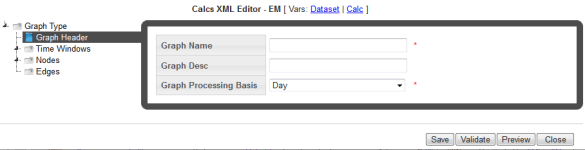 Image of Calcs XML editor displaying the graph header components with Save, Validate, Preview, and Close buttons.