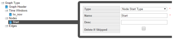 Image of the Start Nodes component that includes the Type, Name, and Desc fields and an option for Delete if Skipped checkbox.