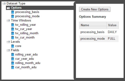 Dataset xml editor with the data tree with the options heading selected and displaying the create new options buttom and options summary