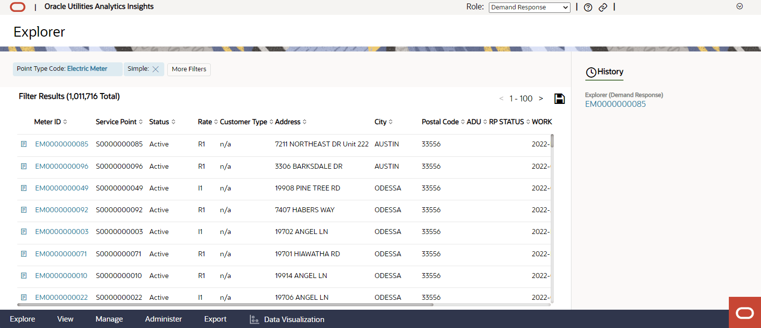 Explorer filter results pane displaying data points identified by the filter settings