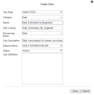 Image of Create Calcs window with configuration options and Save and Cancel buttons.