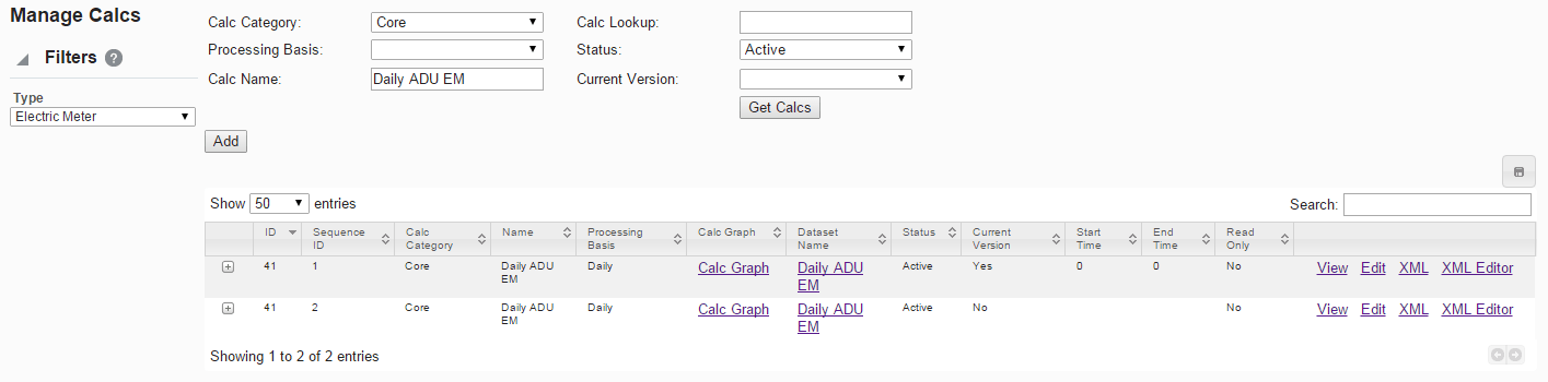 Image of Manage Calcs page displaying data for calcs based on the selected role and point types