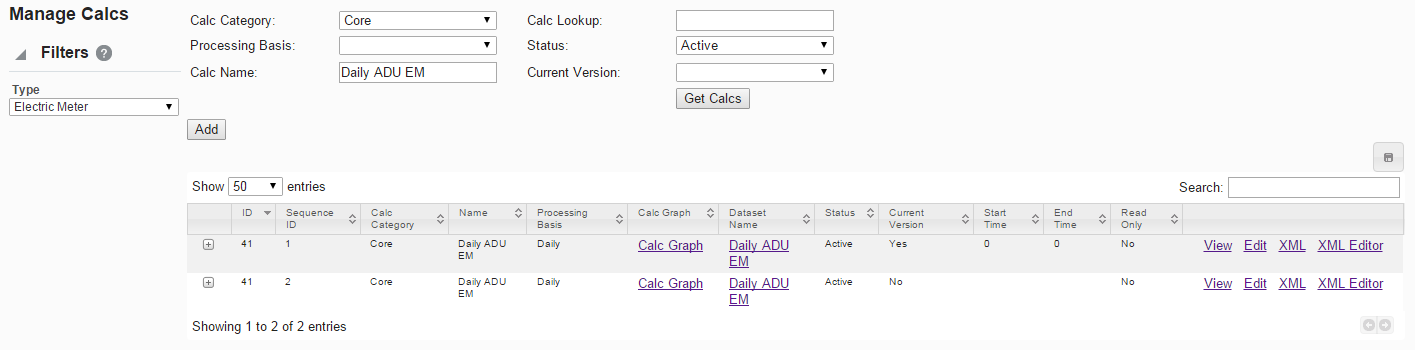 Image of Manage Calcs page displaying data for calcs based on the selected role and point types