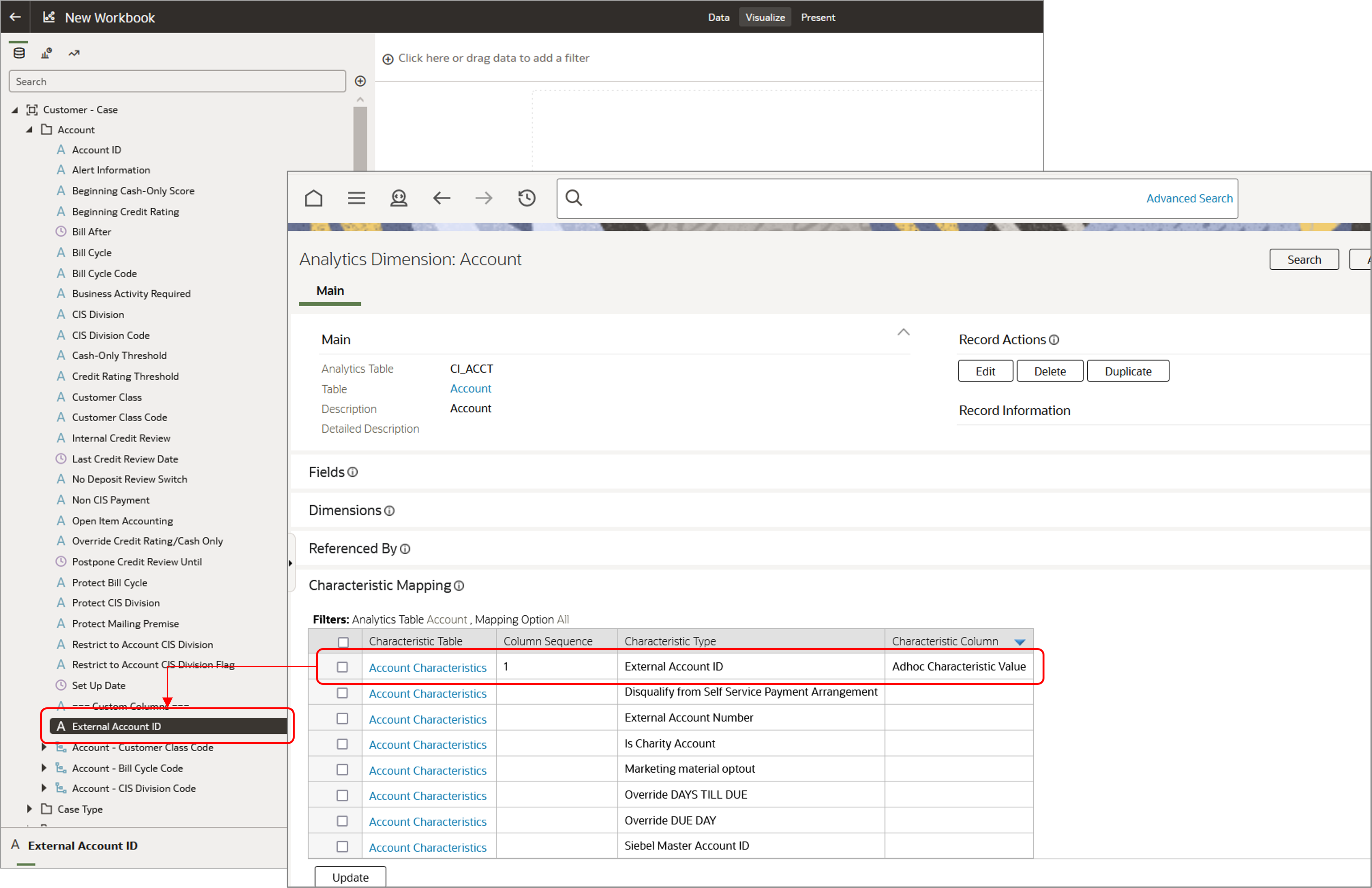 Screenshot of how the Account dimension in a source enterprise application includes a characteristic type called “External Account ID” . The screenshot also shows how this custom attribute is displayed at the end of the dimension folder in Oracle Utilities Analytics Visualization.