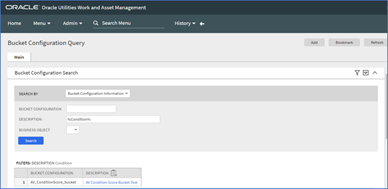 Page to enter the search criteria for locating bucket configurations with an example of searching based on the description value