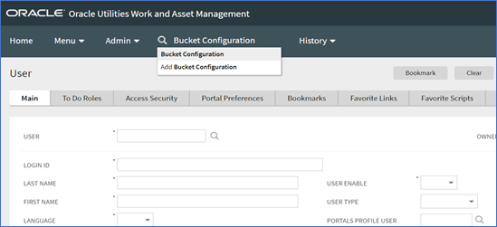 A search for the Bucket Configuration options within Work and Asset Management