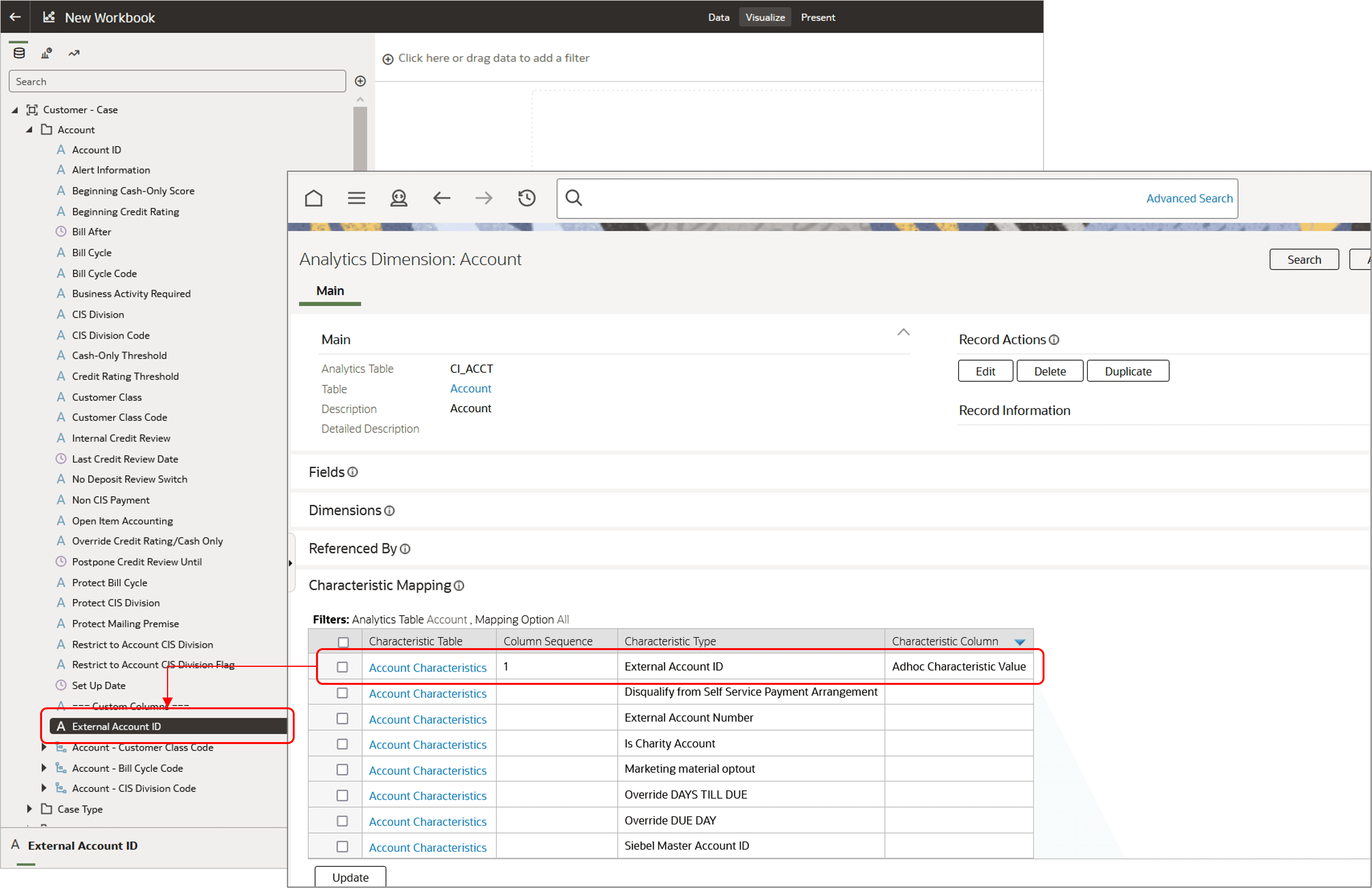 Screenshot of how the Account dimension in a source enterprise application includes a characteristic type called “External Account ID” . The screenshot also shows how this custom attribute is displayed at the end of the dimension folder in Oracle Utilities Analytics Visualization.