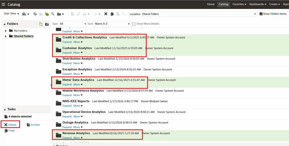 Select and delete existing uploaded analytics catalogs.