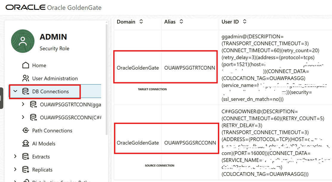 Connections list in the OCI GoldenGate admin console.