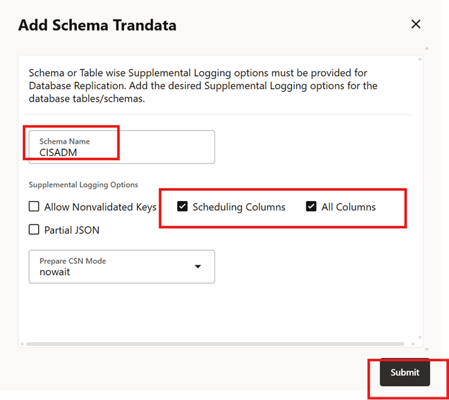 Enter the schema trandata details.