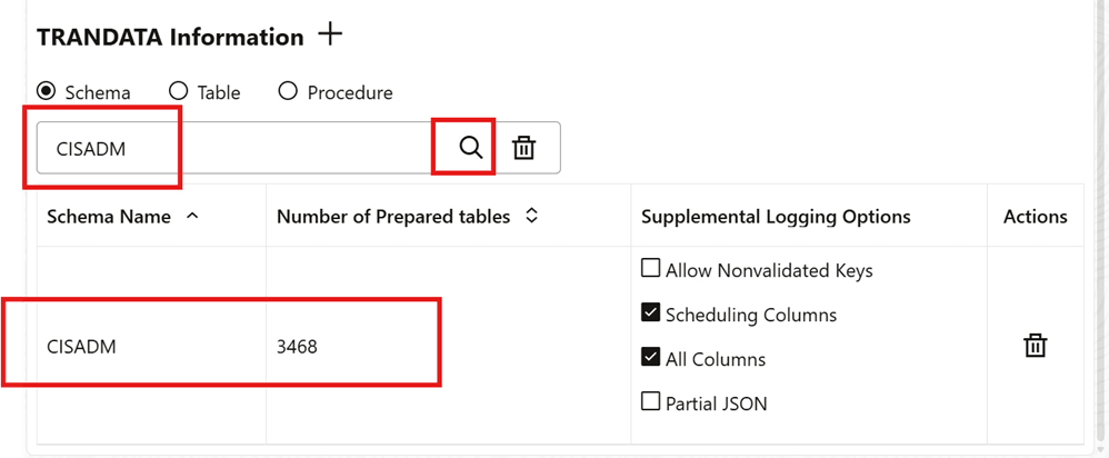 Verify the schema trandata.