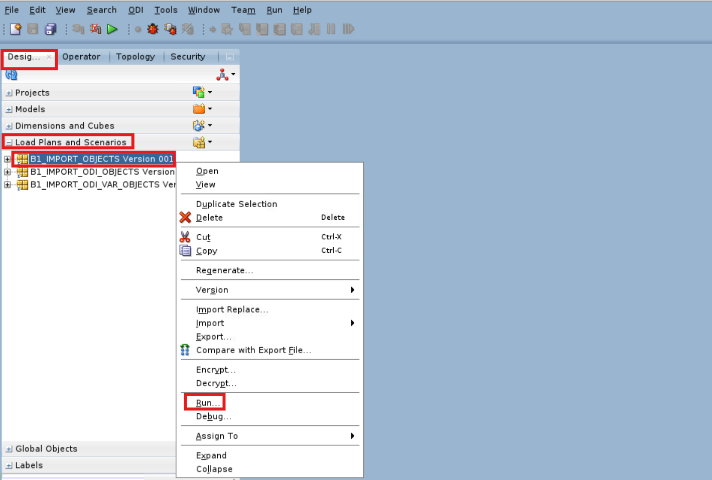 B1_IMPORT_OBJECTS Version 001 Run Configuration