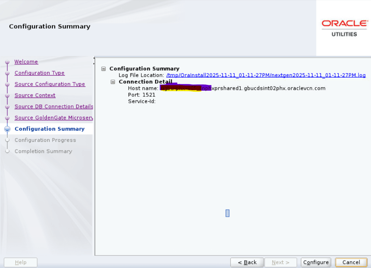 Configuration Engine page, Configuration Summary screen. It shows the log file location and connection details.