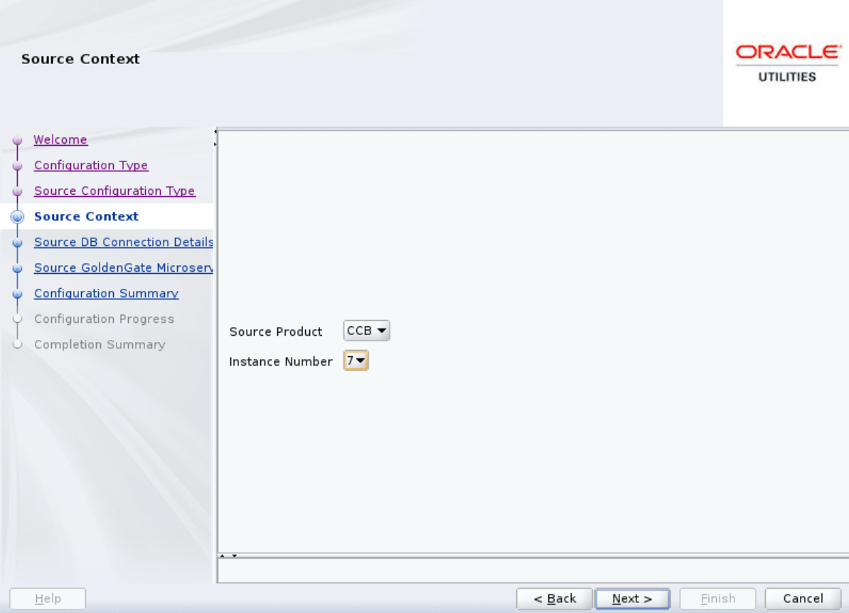 Configuration Engine page, Source Context screen. Choose the appropriate option from the drop-down menus.