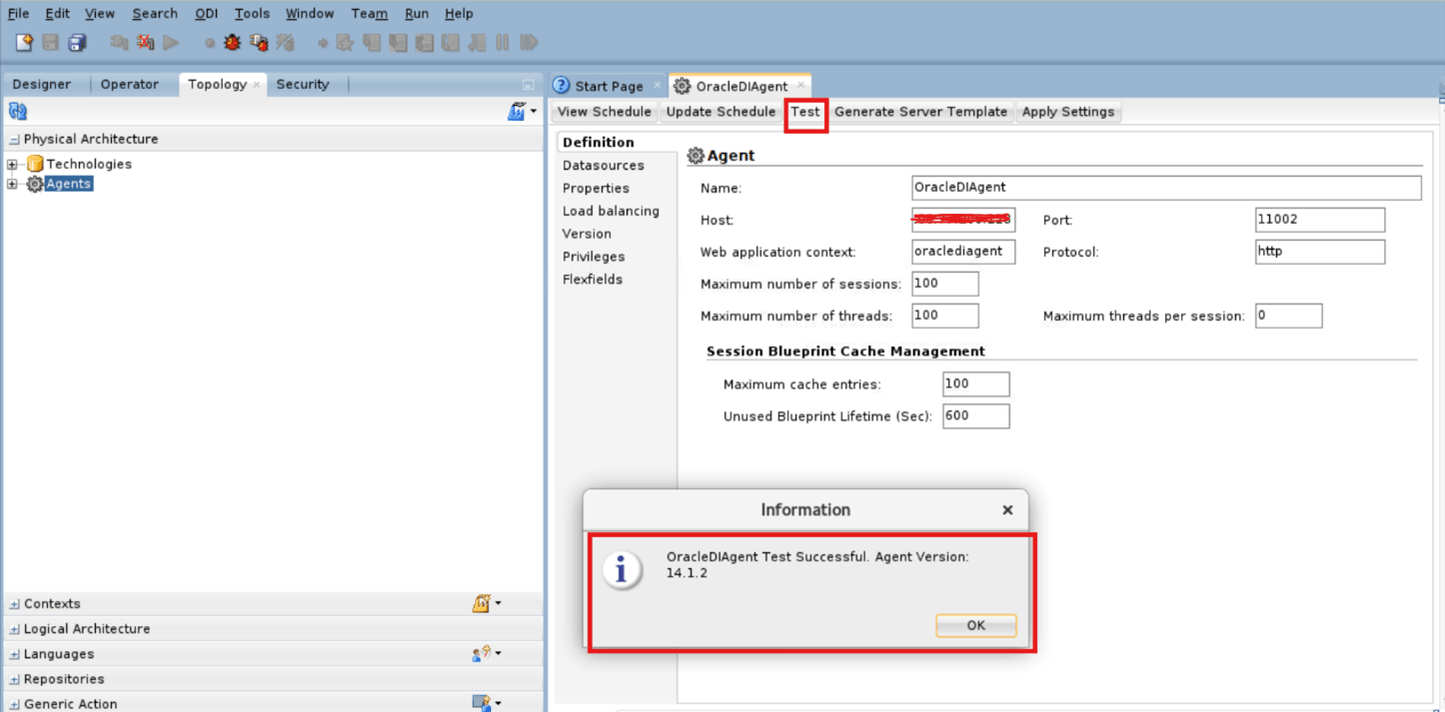 Test the Oracle DI Agent connection.