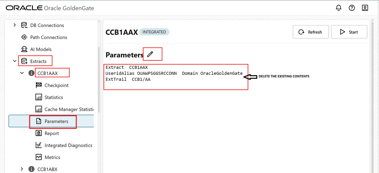 Remove existing content from the Parameter tab.