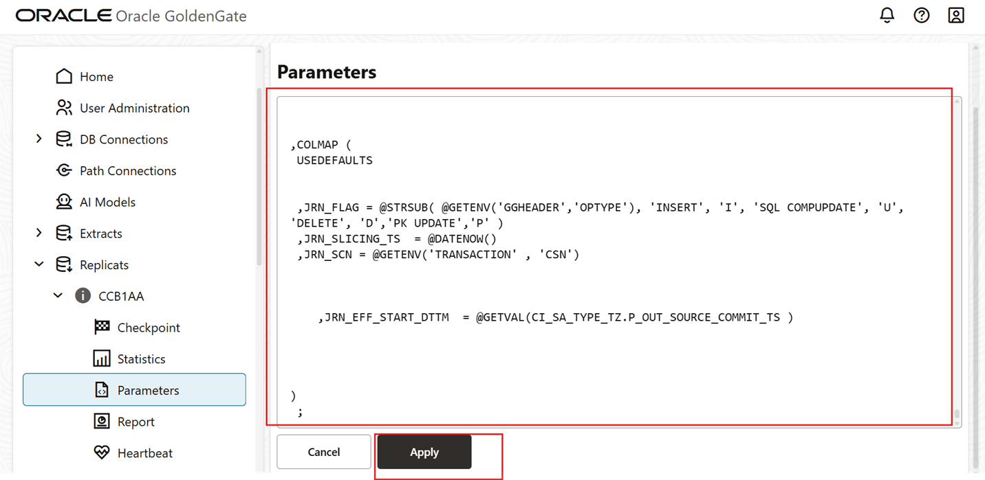 Copy the Replicat Param files to the Parameter tab.