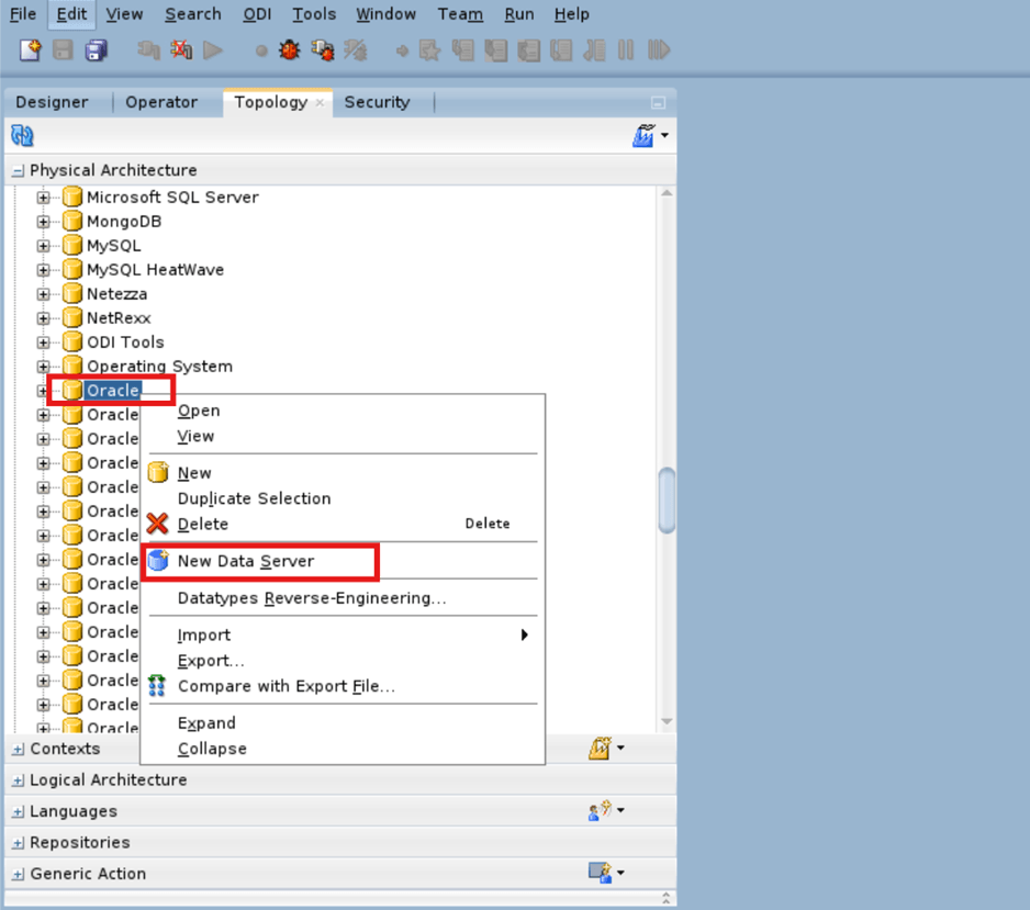 Create an Oracle physical data server.