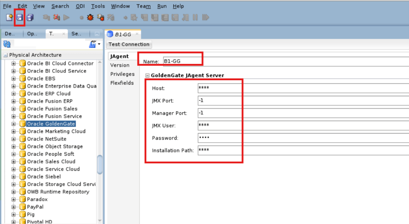 Enter the physical data GoldenGate JAgent server details.