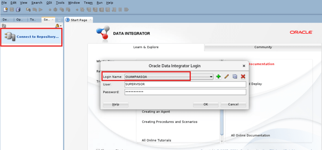 Log in to the master repository using the connection.
