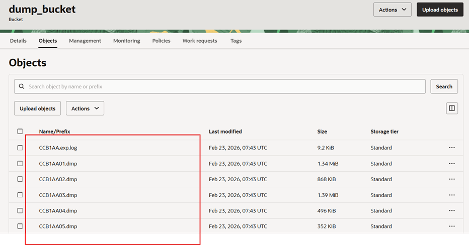 Verify uploaded export dump and log files.