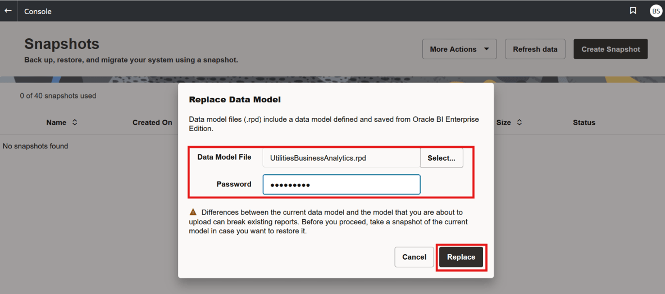 Upload RPD file to replace data model.