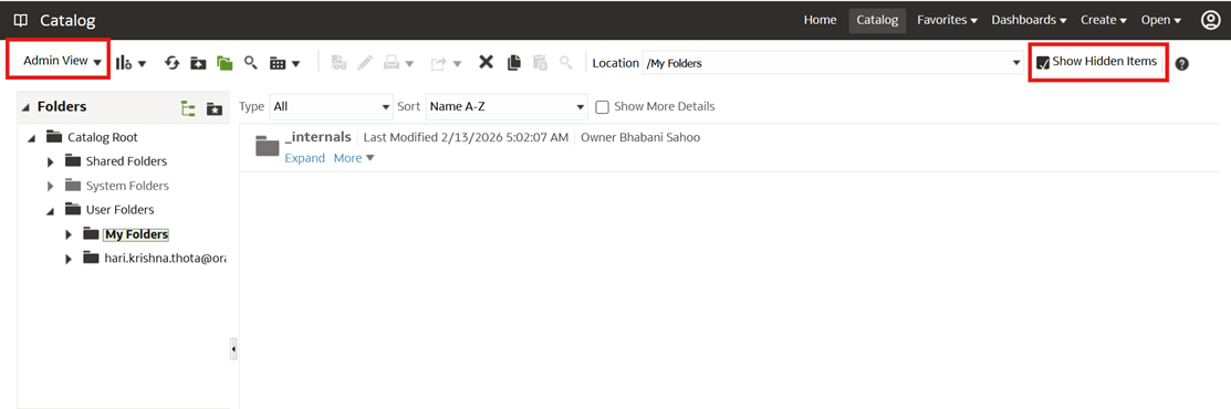Select Admin View then Show Hidden Items.