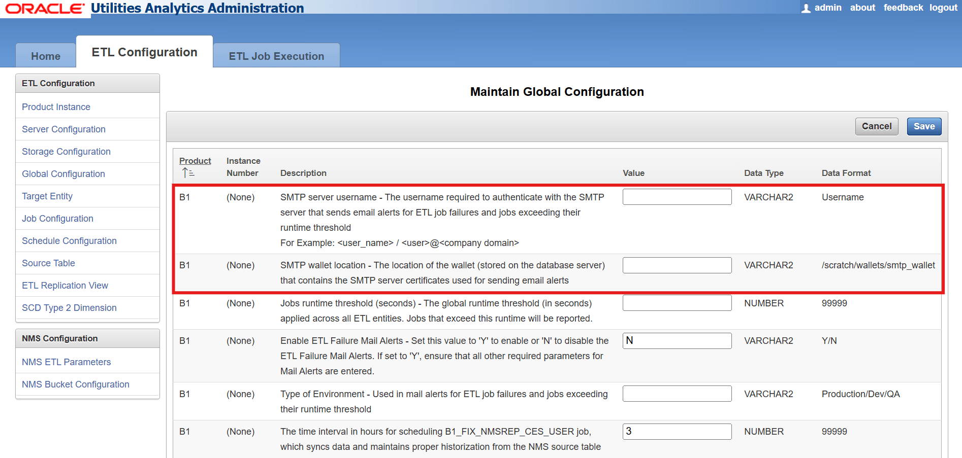 SMTP server username and SMTP wallet location parameters
