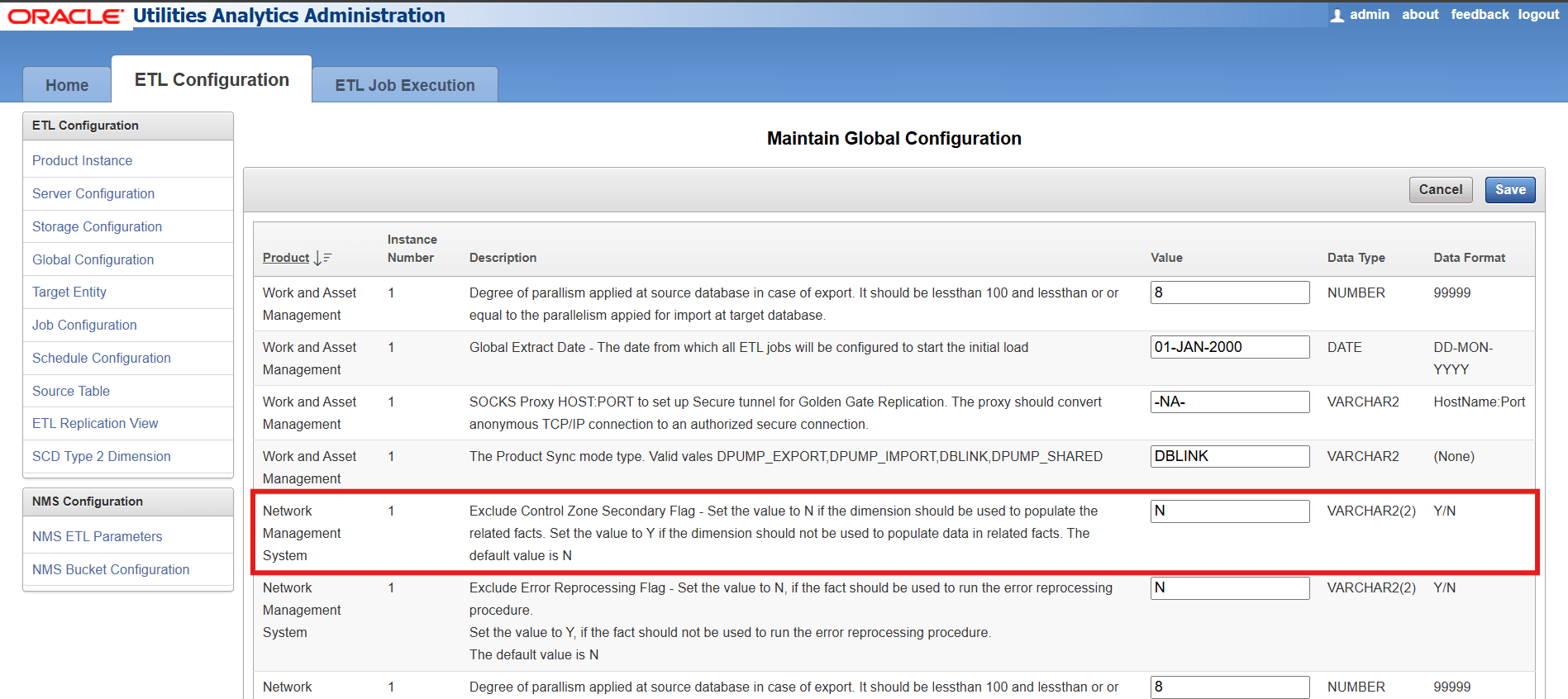 Parameter to configure the exclusion of Control Zone Secondary dimension lookup for NMS Facts. Parameter to configure the exclusion of Control Zone Secondary dimension lookup for NMS Facts.