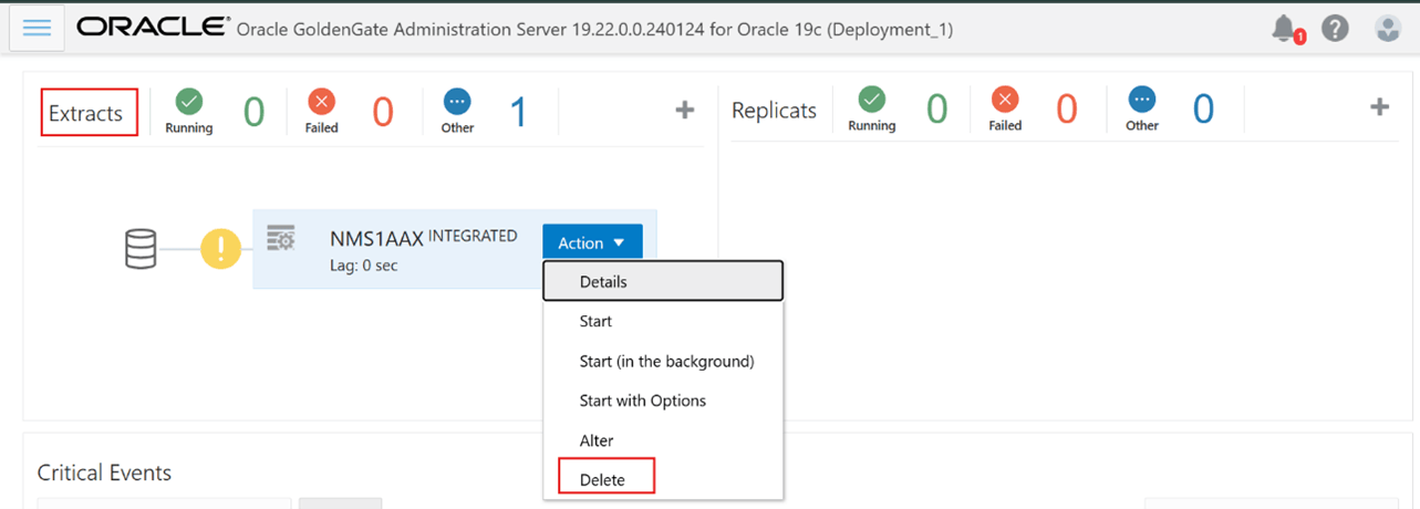Example screenshot of the Oracle GoldenGate Administration interface showing the Extracts section, where an actions menu for an extract process is open with the delete option available.