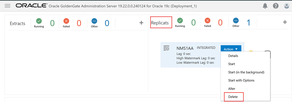 Example screenshot of the Oracle GoldenGate Administration interface showing the Replicats section, where an actions menu for a replicat process is open with the delete option available.