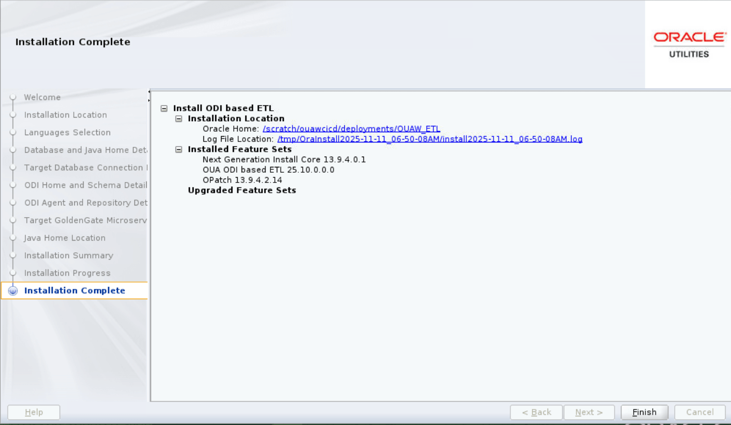 Installation Completion page shows the details of the installed ETL.