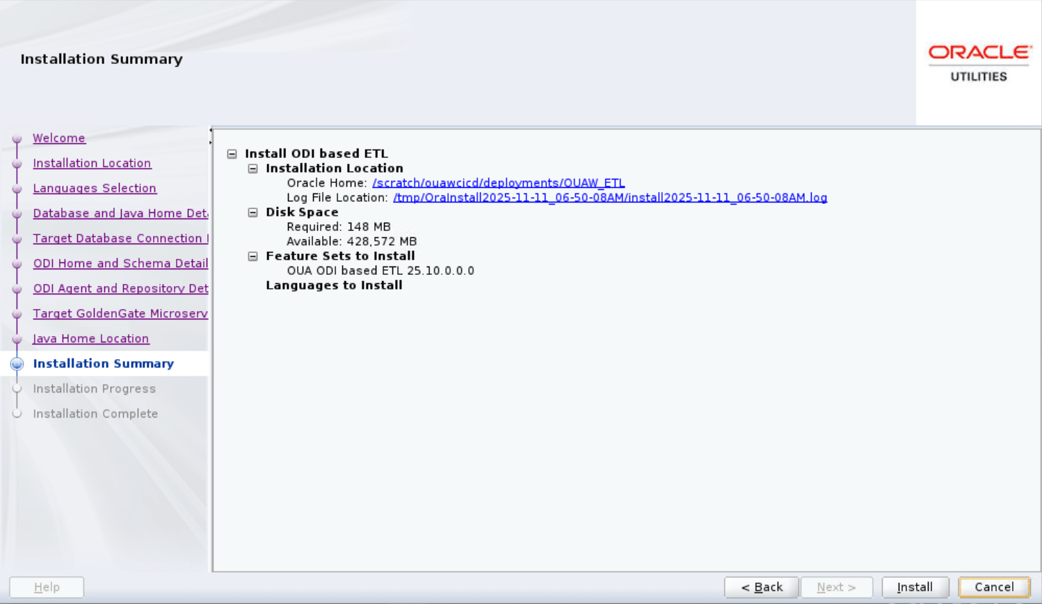 Installation Summary page, where the user can find details on the installation.