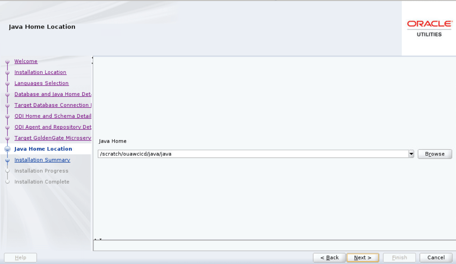 Java Home Location screen displays a drop-down menu where the user is to browse for the appropriate path.