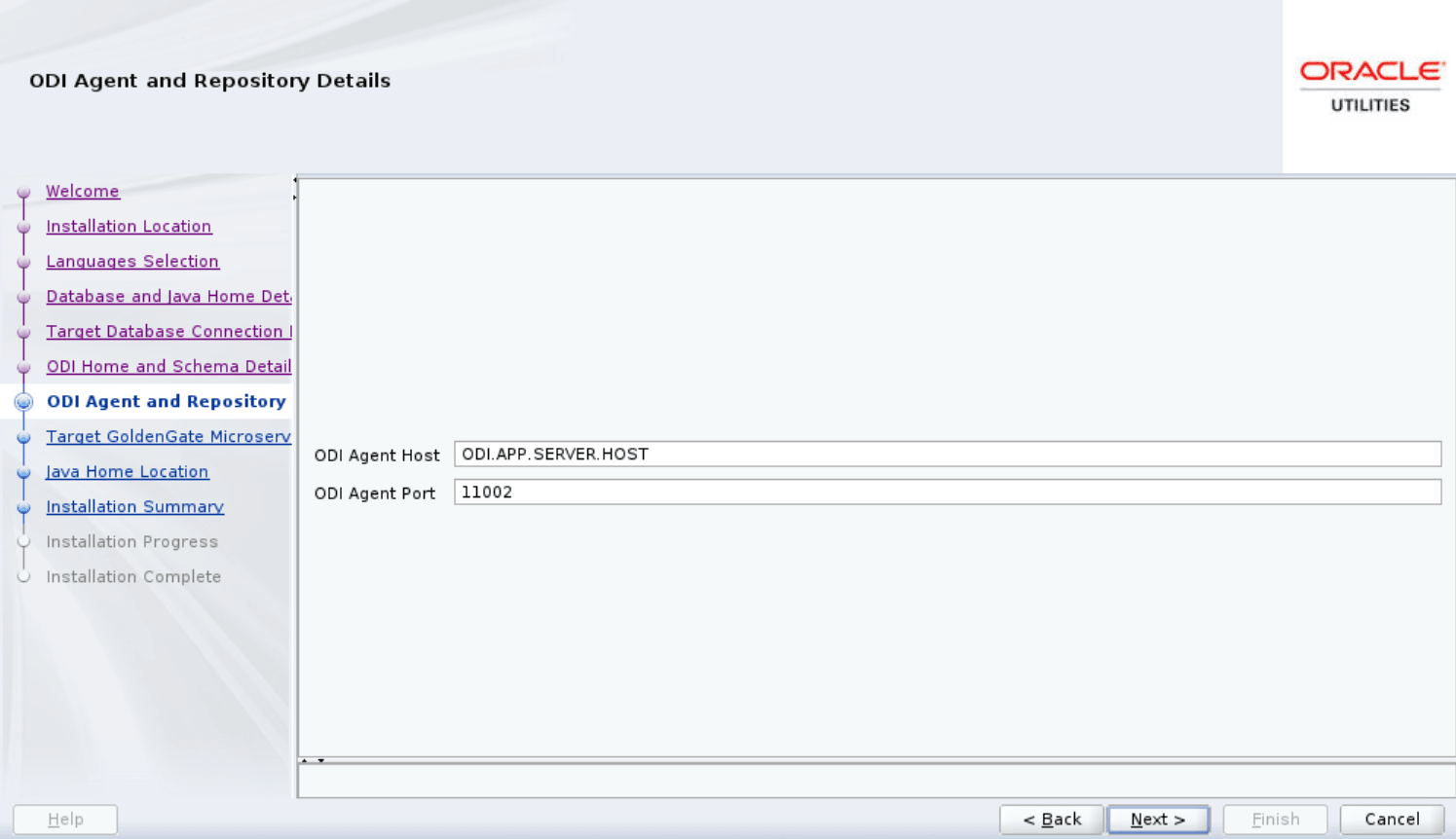 ODI Agent and Repository Details screen displays two text fields to be populated by the user with the appropriate host and port.