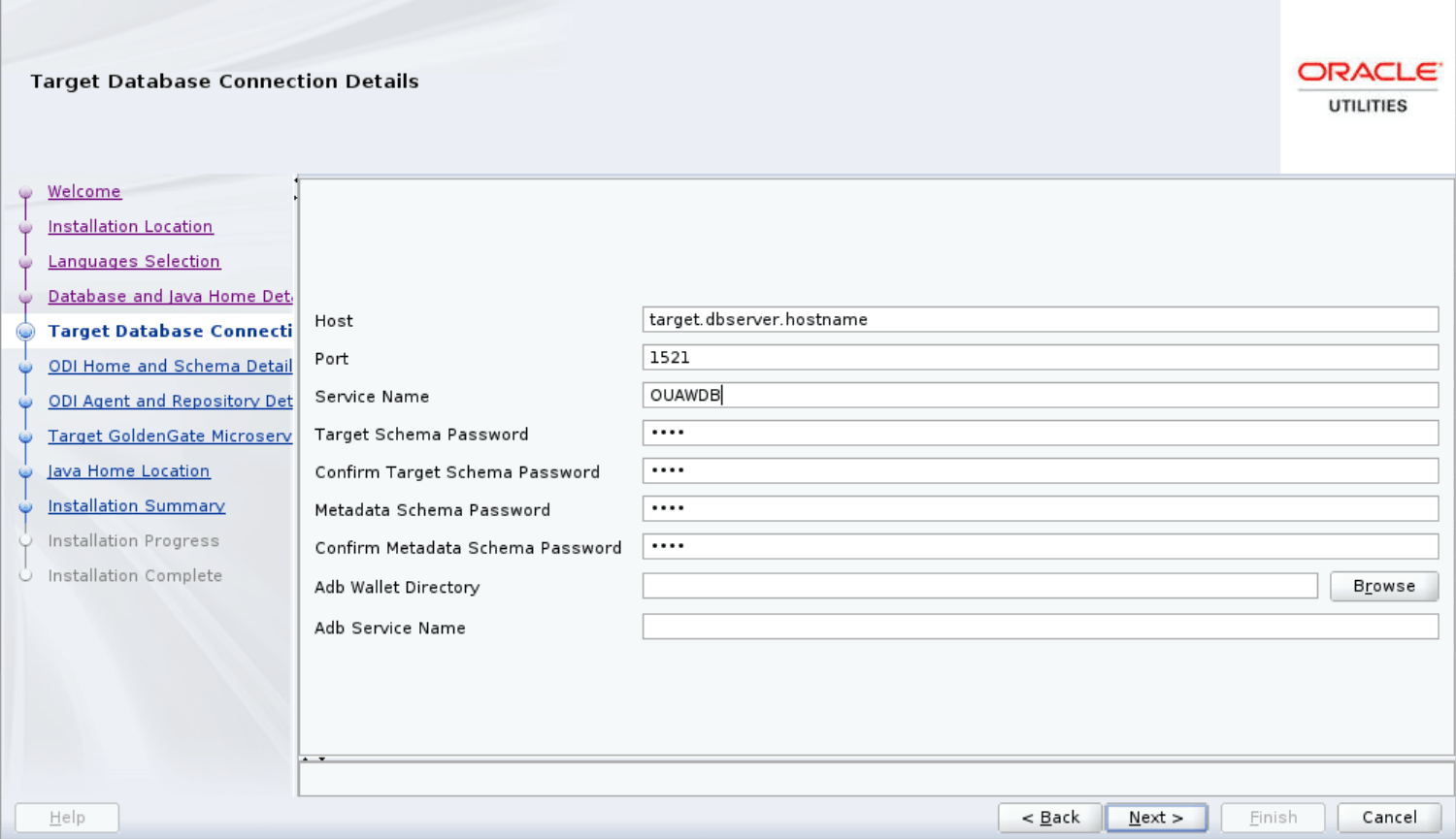 Target Database Connection Details screen shows seven text fields to be populated by the user.