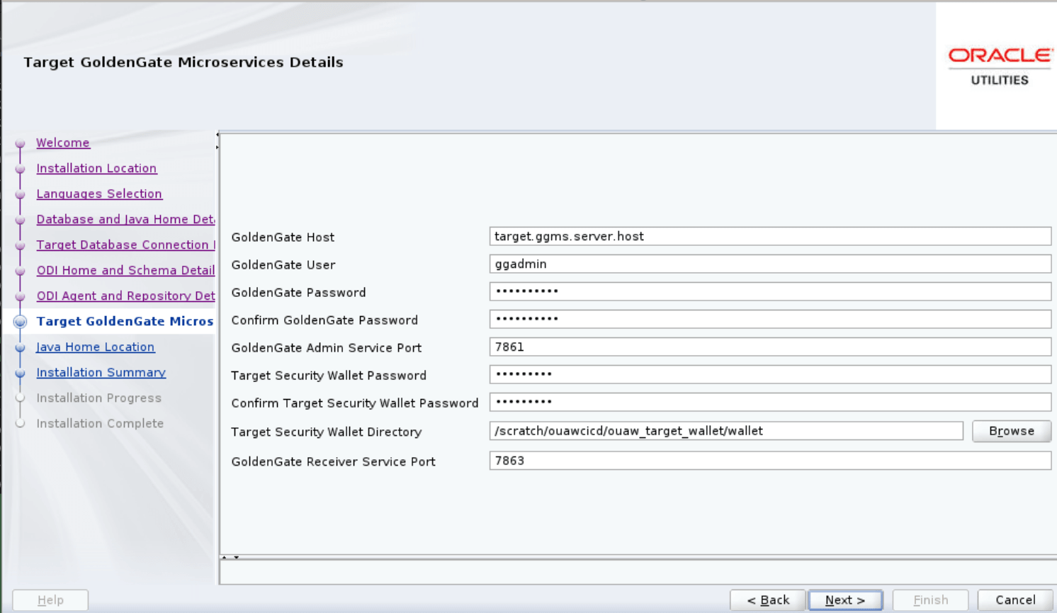 Target GoldenGate Microservices Details page displays seven text fields to be populated by the user.