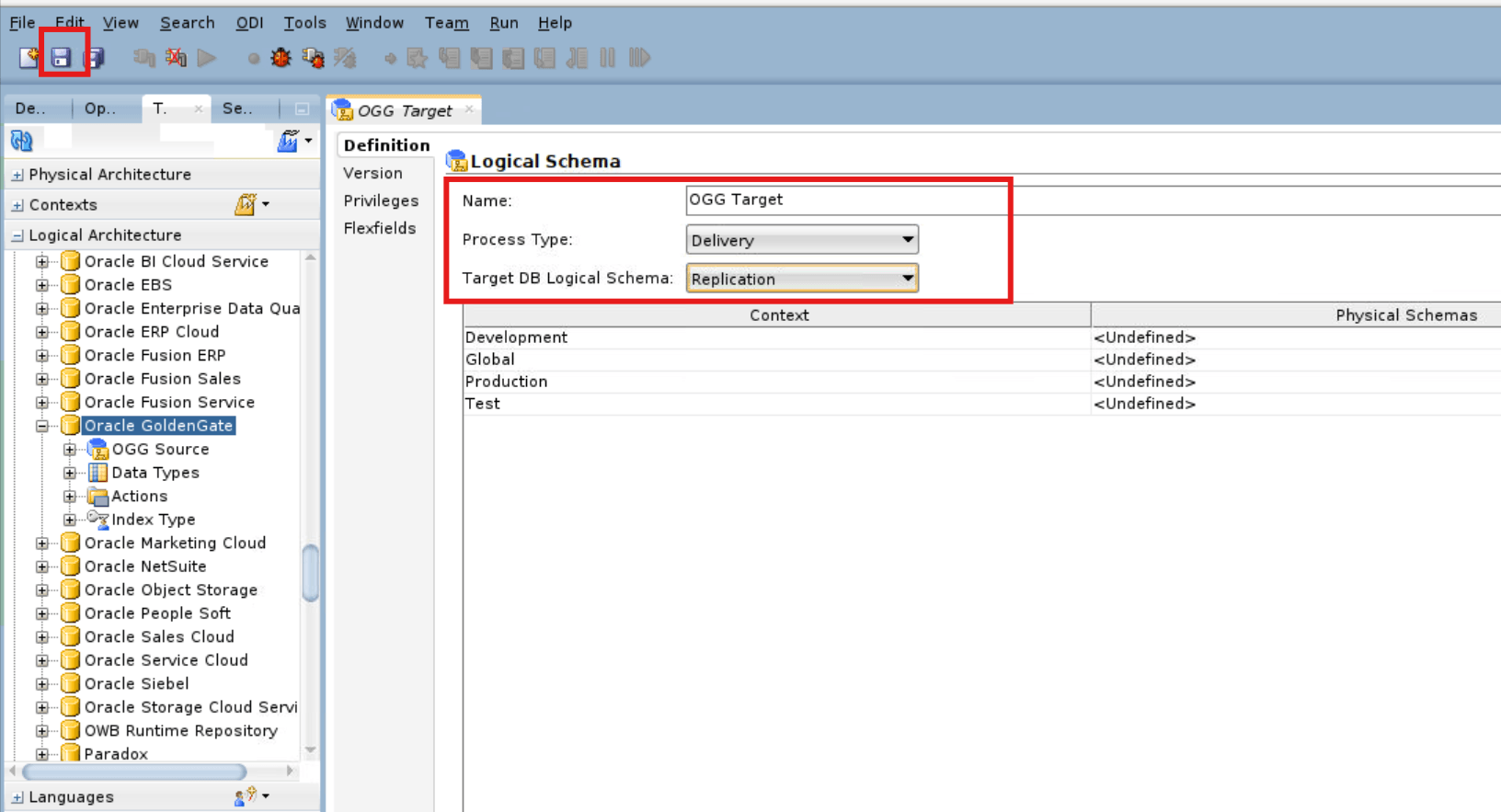 Logical Schema Oracle GoldenGate Target Details