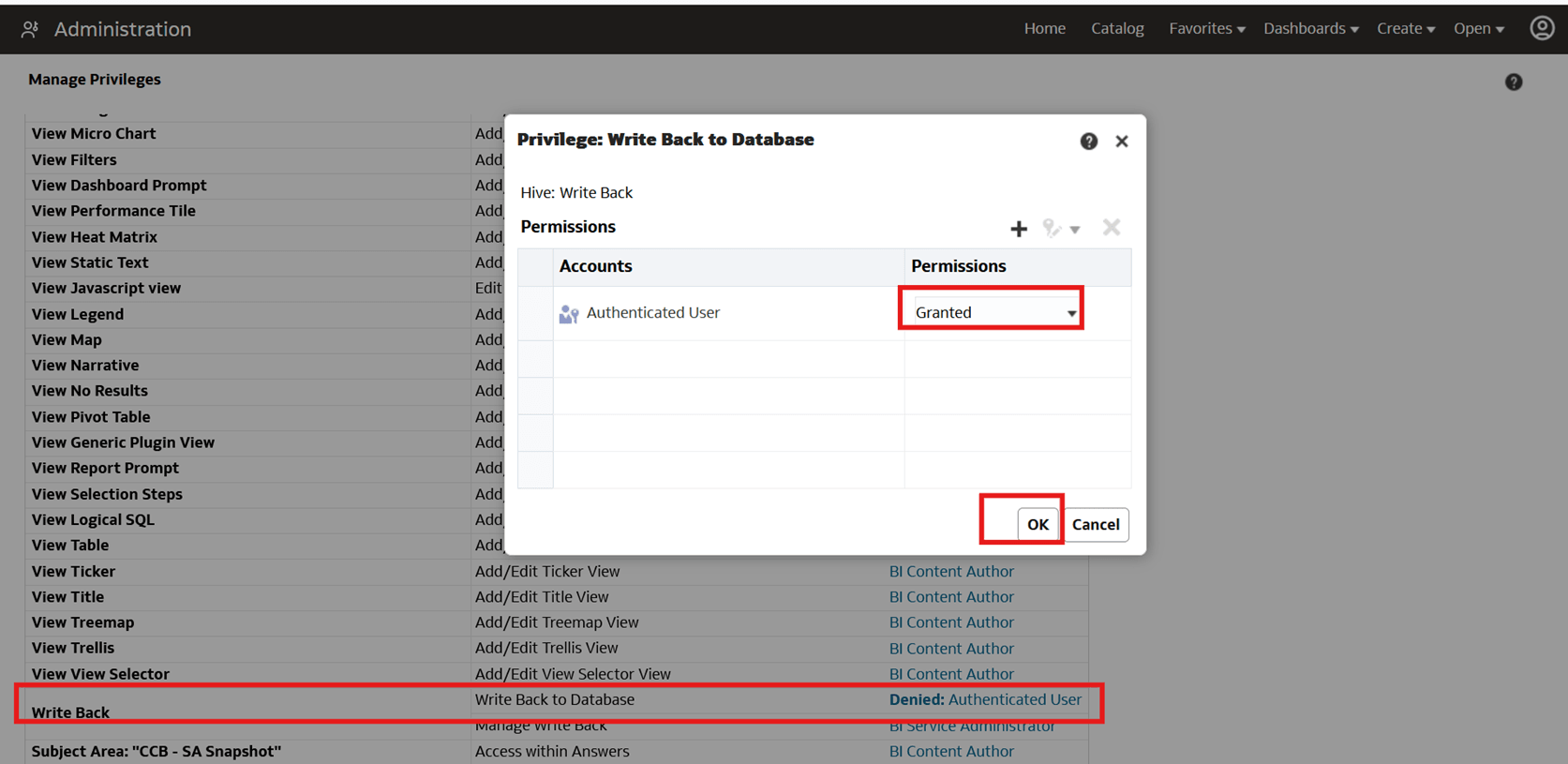 Manage Writeback to Database Privileges