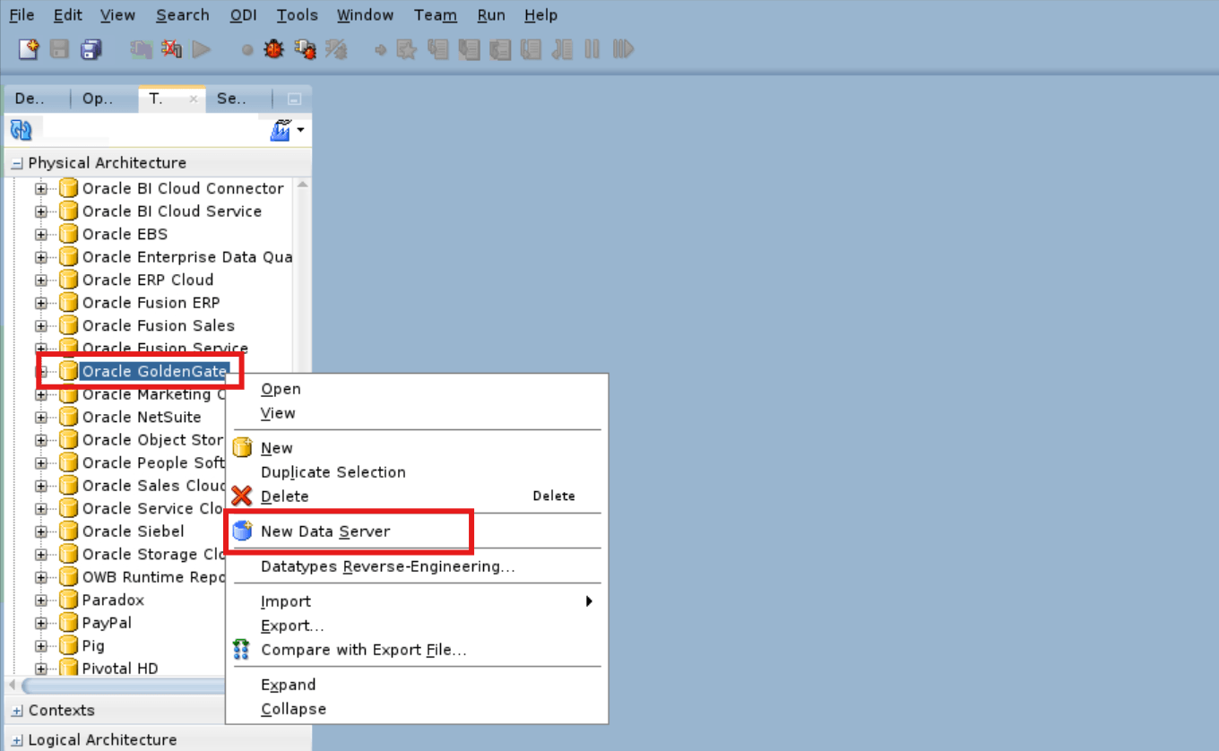 Create Oracle GoldenGate data server.