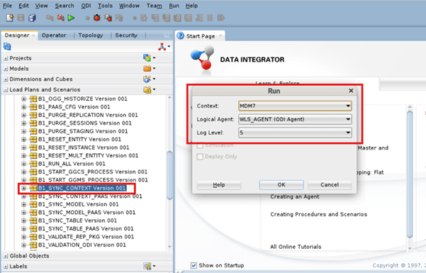 Oracle Data Integrator Studio with the Designer tab expanded on the left, and the Data Integrator start page on the main section. This screenshot also shows the options menu that appears after right-clicking the element mentioned.