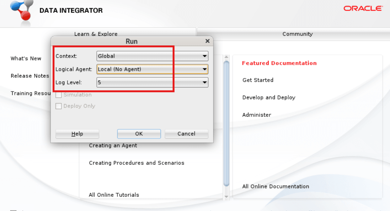 Load Plans and Scenarios option expanded under the Designer tab in the ODI Console. Here, the Run dialog is displayed, since one of the load options is selected.